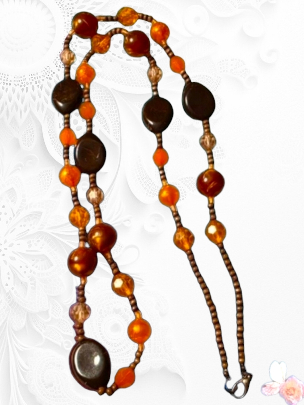 Vintage Amber Tone & Brown Beaded Necklace with Claw Clasp 215